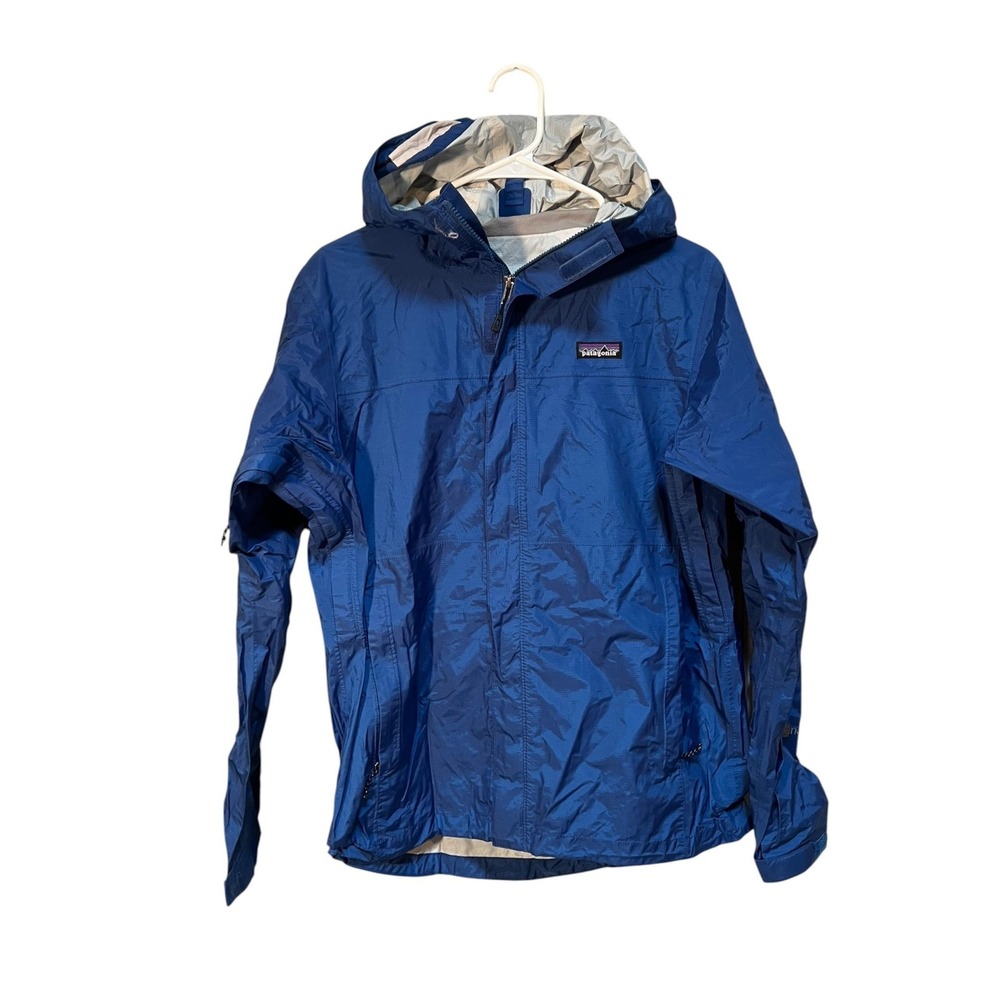 Patagonia Men's Size Medium Hooded Rain Jacket Royal Blue Full Zip Snap Pockets
